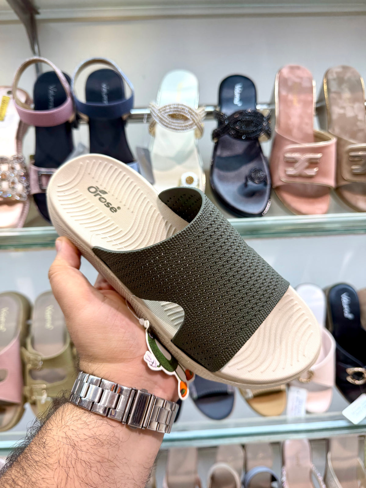 OFOAM LADIES SLIPPERS GREEN/CREAM